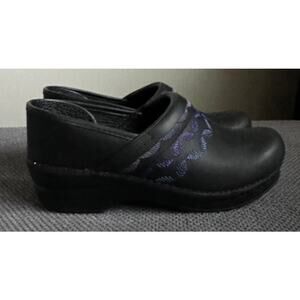DANSKO Leather Embroidered Platform Clogs in Black Leather Size 38